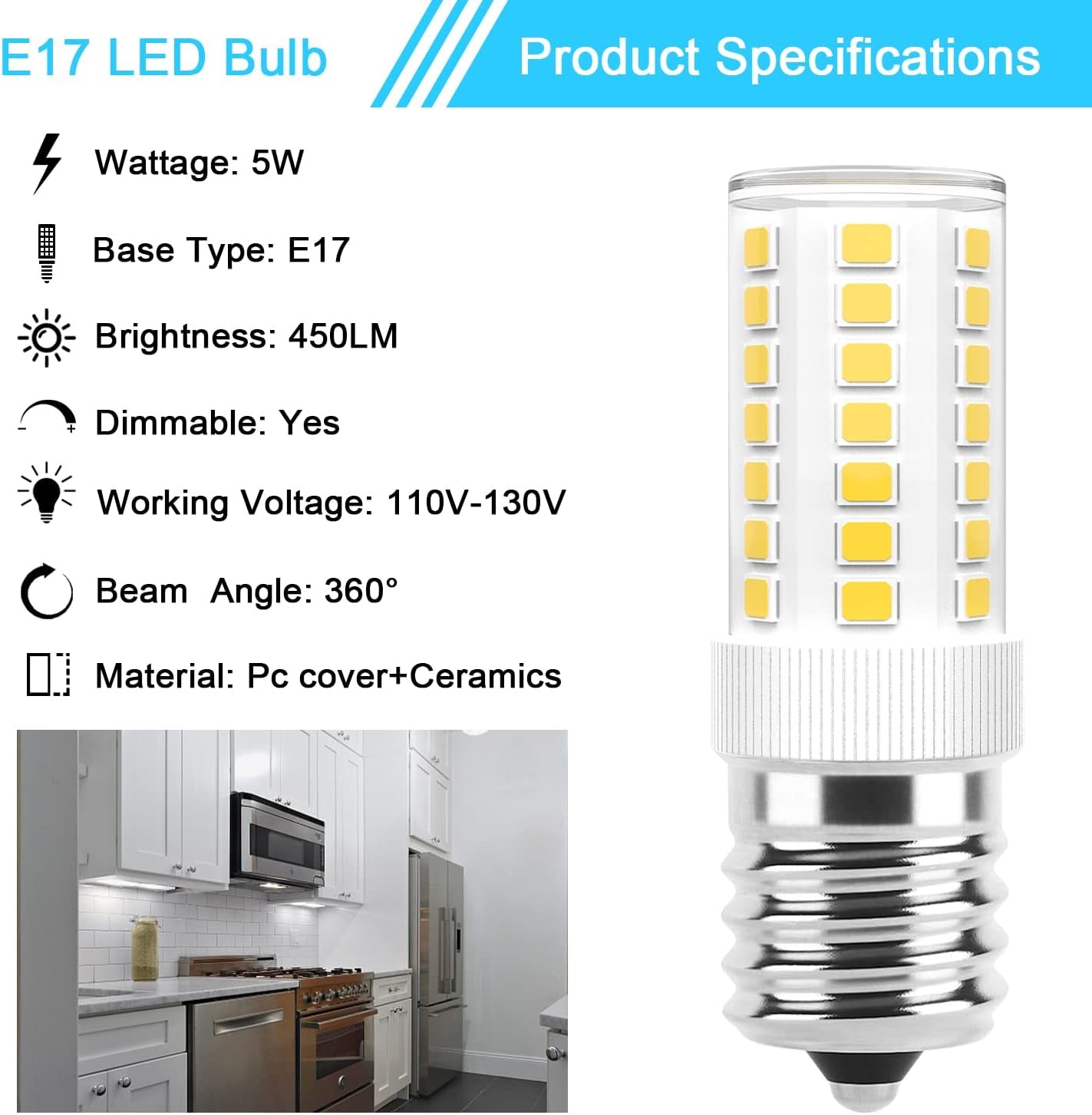 E17 LED Bulbs Dimmable 5W Microwave over Stove Bulb, 40W Incandescent Equivalent, Daylight White 6000K, Fit for Whirlpool Maytag GE Kenmore LG Microwaves, Replaces 8206232A 1890433 AP4512653, 2 Pack