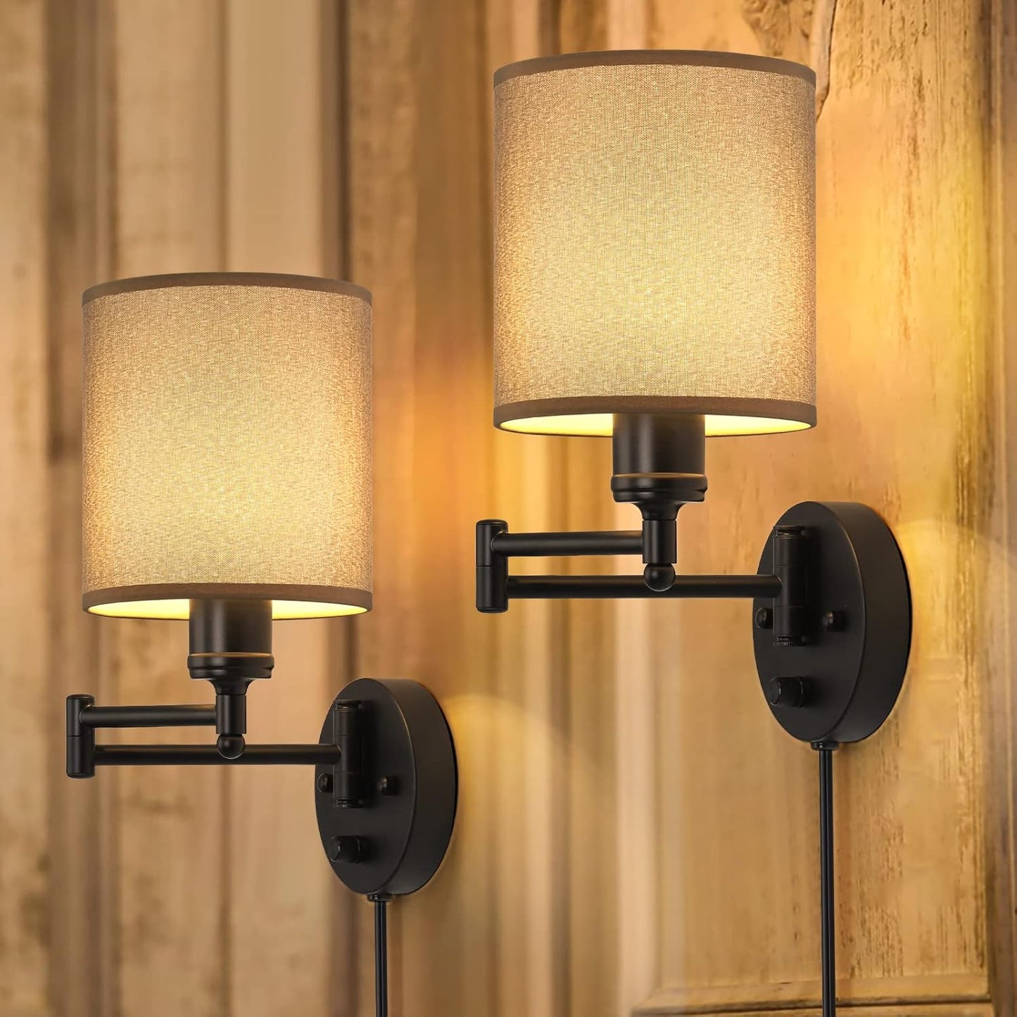 CADUKE Plug in Wall Light Set of 2, Swing Arm Wall Lamps, Modern Bedroom Wall Sconce Fixtures with Linen Lampshade for Reading Hallway Living Room