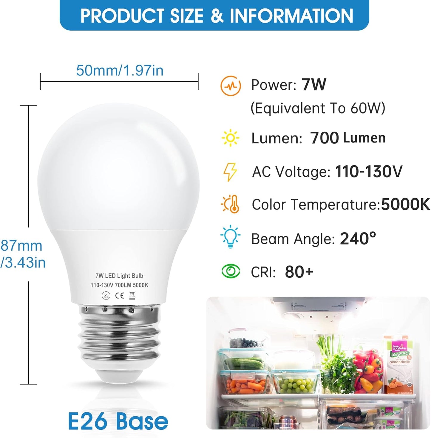 Evastary 60W Equivalent Refrigerator Light Bulb, 7W 120V A15 Fridge Waterproof Appliance Fridge Light Bulbs, E26 Daylight White 5000K 700 Lumen for Home Bathroom Kitchen Lamp, Non-Dimmable, 2 Pack