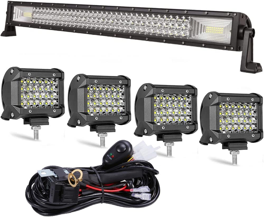 LED Straight Light Bar,32Inch459W +4Pcs 72W Led Pods Tri Row Lens Flood Spot Combo Beam Led Driving Lights Super Bright off Road Lights with Wiring Harness for Trucks UTV ATV Boat