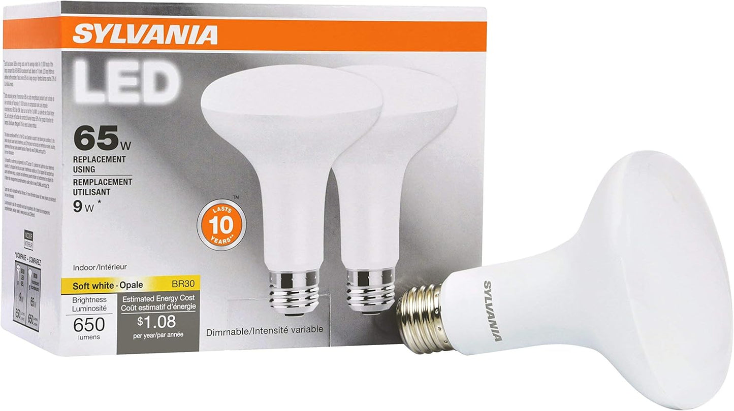 Sylvania LED Flood BR30 Light Bulb, 65W = 9W, 10 Year, 650 Lumens, Dimmable, 2700K, Soft White - 12 Pack (41262)