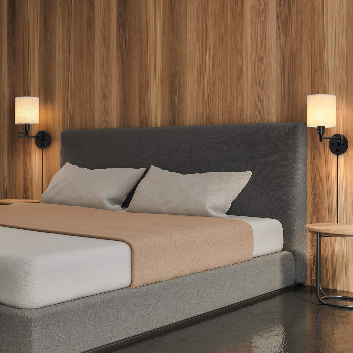 CADUKE Plug in Wall Light Set of 2, Swing Arm Wall Lamps, Modern Bedroom Wall Sconce Fixtures with Linen Lampshade for Reading Hallway Living Room