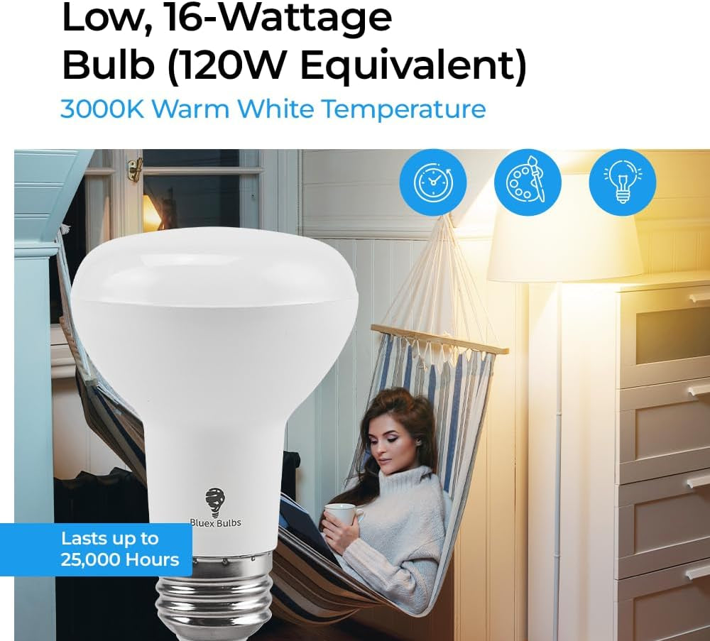 Bluex Bulbs 4 Pack 16W BR30 HO High Power LED Indoor Flood Light Bulbs - 3000K Warm White Dimmable 1600 Lumens E26 120W Equivalent Base Recessed Can Lights - R30 Home Kitchen Spot Ceiling Lights