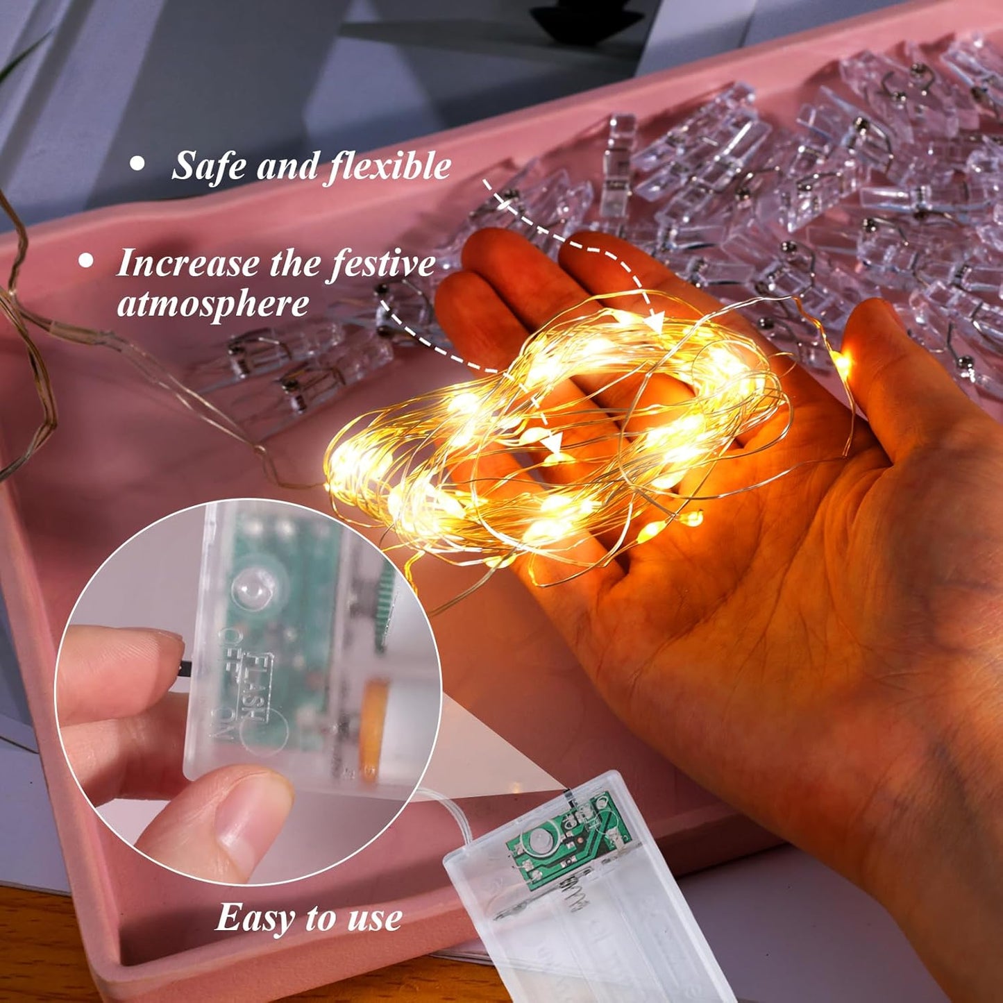 Domestar Photo Clip String Light, 16.4Ft 50LED Fairy Lights with 50 Clear Clips, Photo Light for Hanging Pictures Bedroom Wall Decor Christmas Wedding Décor