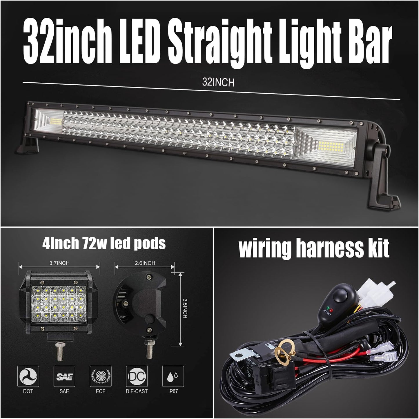 LED Straight Light Bar,32Inch459W +4Pcs 72W Led Pods Tri Row Lens Flood Spot Combo Beam Led Driving Lights Super Bright off Road Lights with Wiring Harness for Trucks UTV ATV Boat