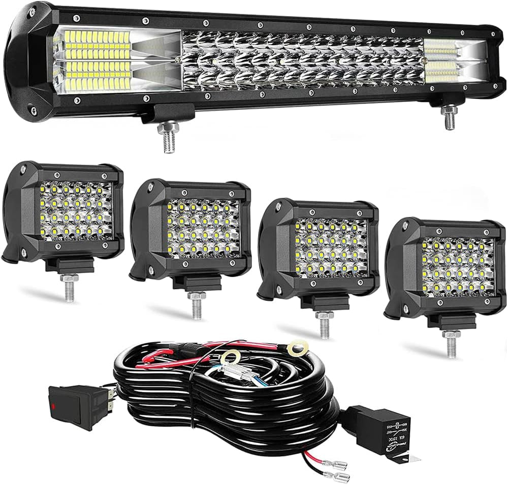 LED Straight Light Bar,32Inch459W +4Pcs 72W Led Pods Tri Row Lens Flood Spot Combo Beam Led Driving Lights Super Bright off Road Lights with Wiring Harness for Trucks UTV ATV Boat