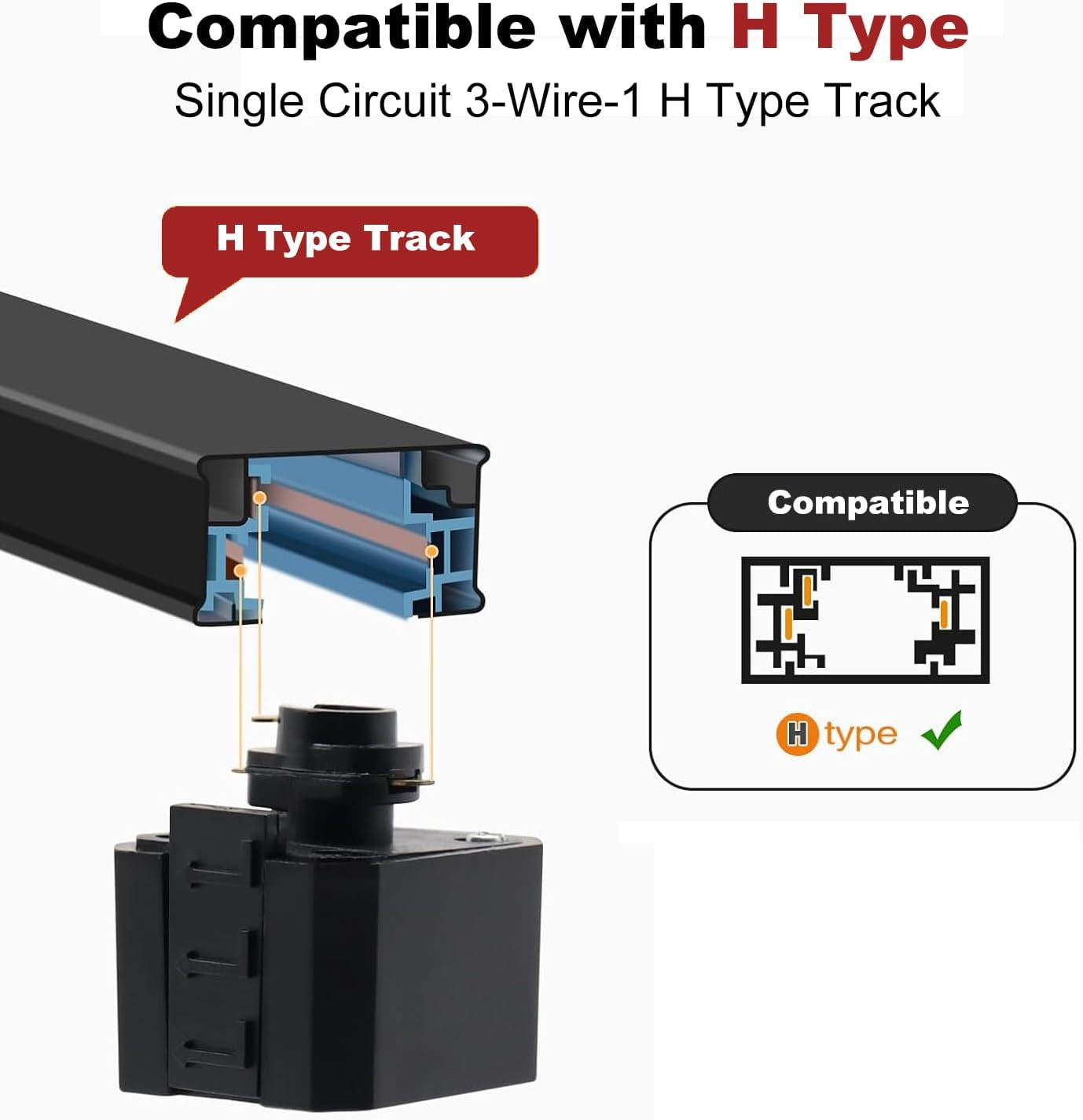 26FT H Track Lighting Rails Black, H Type Track Lighting Rails Kit with End Caps and Live End Feed Connector, Track Lighting Kit Compatible with 3-Wire Single Circuit H Style Track System