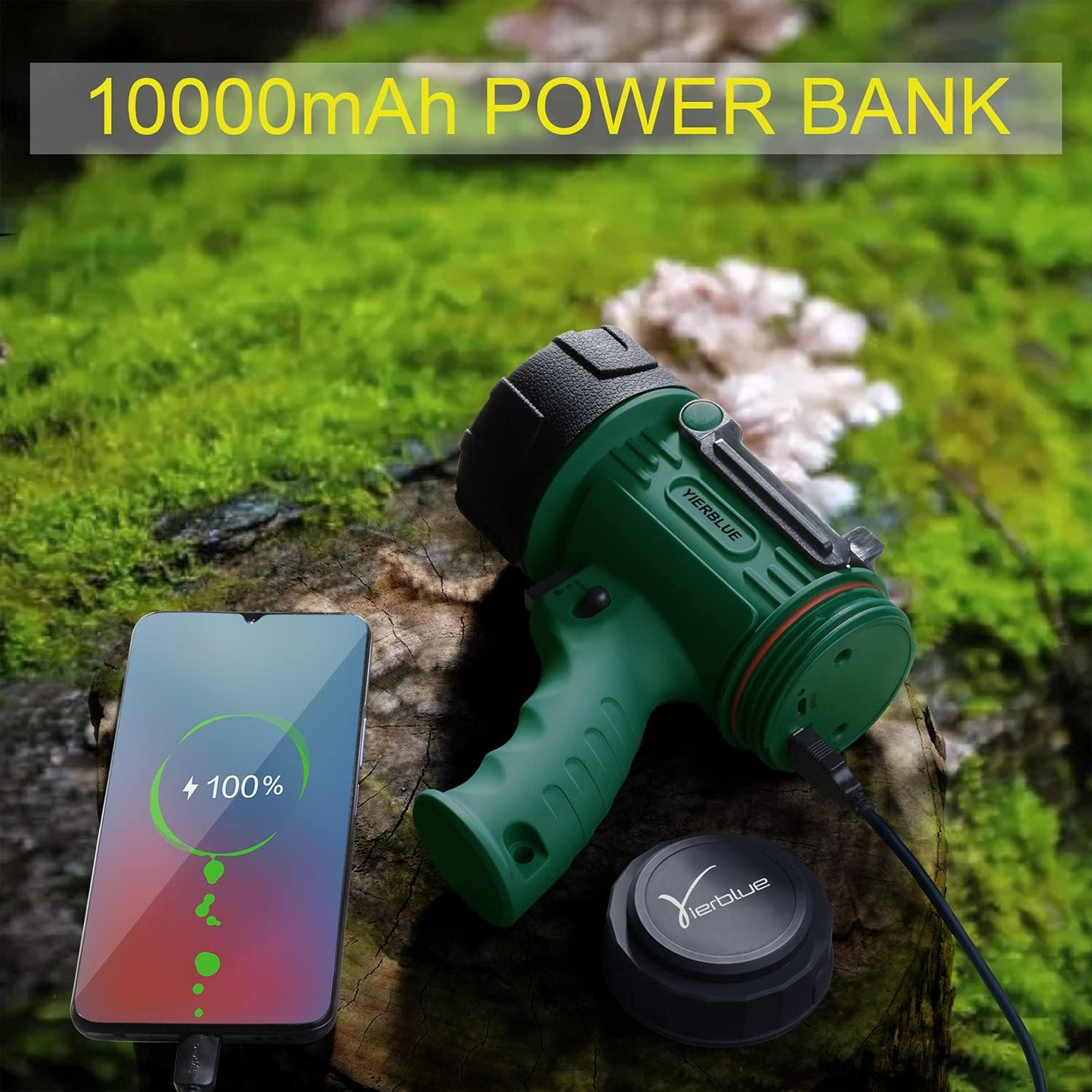 YIERBLUE Rechargeable Spotlight Flashlight, 1000,000 High Lumen LED Spotlight with 20Hrs Ultra-Long Running&10000Mah Power Bank,Ip67Waterproof Spot Lights with Red Lens(Large)