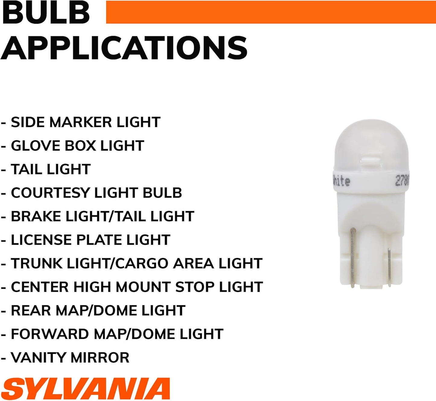 SYLVANIA - 168 T10 W5W LED White Mini Bulb - Bright LED Bulb, Ideal for Interior Lighting - Map, Dome, Cargo and License Plate (Contains 2 Bulbs)