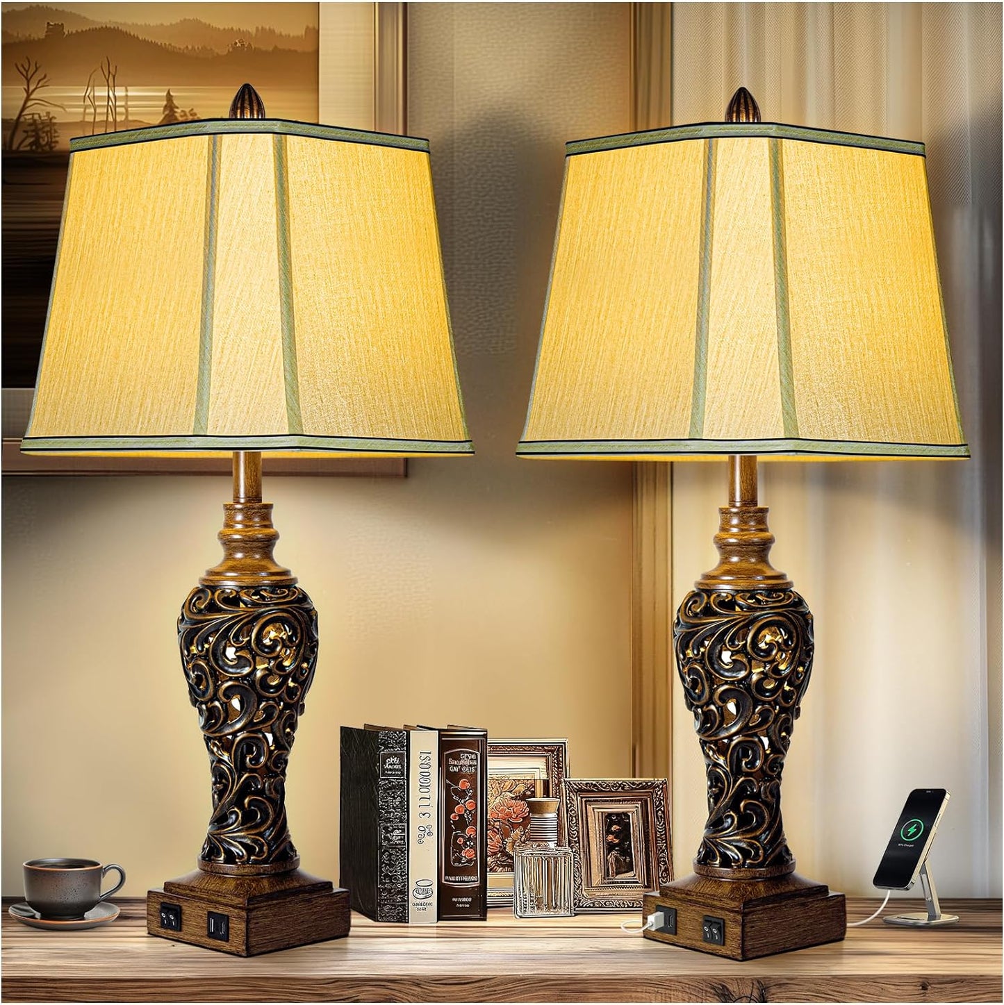 27'' High Vintage Table Lamp Set of 2 for Living Room Farmhouse Bedside Lamp with Fabric Shades Boho Nightstand Lamp with USB and Nightlight for Bedroom Home Office Hotel Bar (Bulb Included)