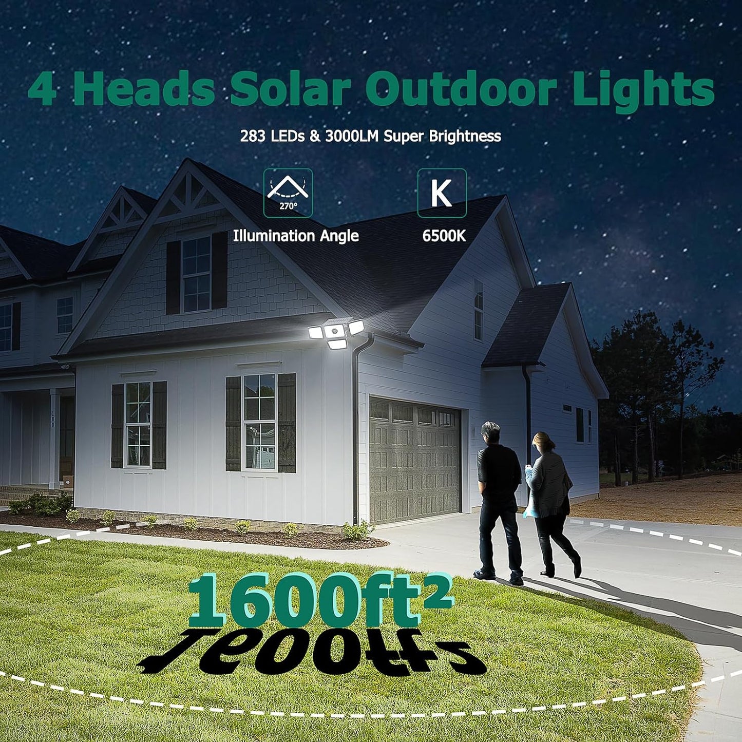 3000LM Solar Lights Outdoor, 4 Adjustable Heads Solar Motion Sensor Lights with 283 LED, IP65 Waterproof Solar Security Wall Lights, Remote Control Flood Lights for Graden, Outside, Backyard 2 Pack