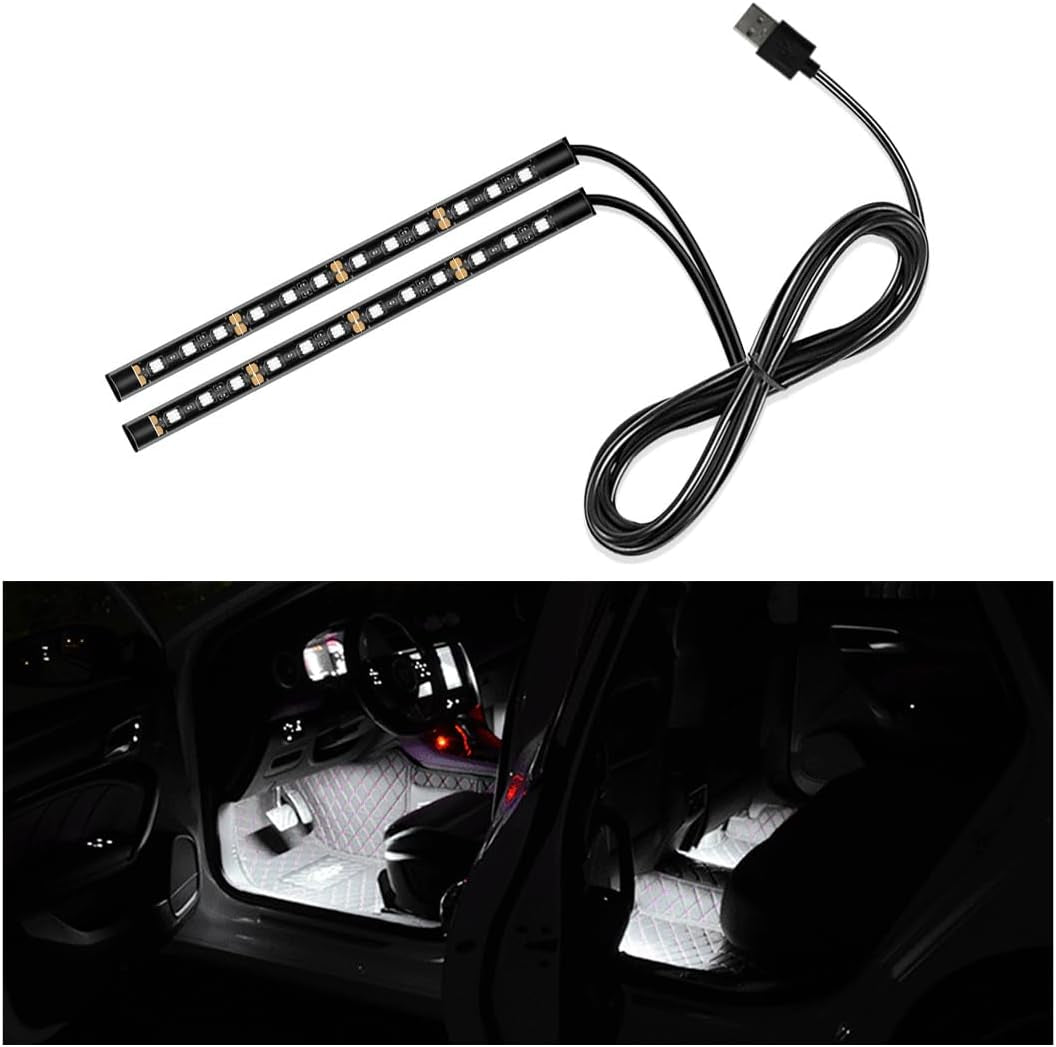 Car LED Strip Light, 24 LED Auto Interior under Dash Atmosphere Lights with USB Port, Vehicle Decor Lamp Ambient Night Light Strip Lighting Kit, Universal Car Accessories (White)