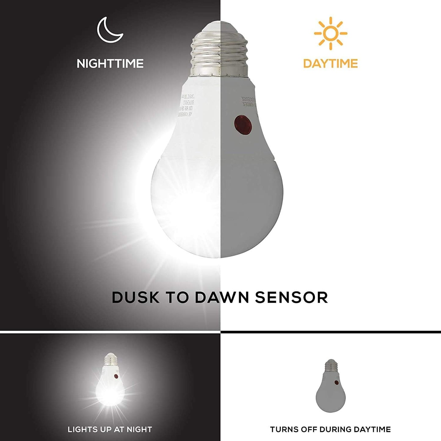 Amazon Basics A19 Dusk to Dawn Sensor LED Outdoor Light Bulb, 60W Equivalent, Energy-Efficient 9W, Soft White 2700K, E26 Base, 10,000 Hours, 6 Count (Pack of 1)