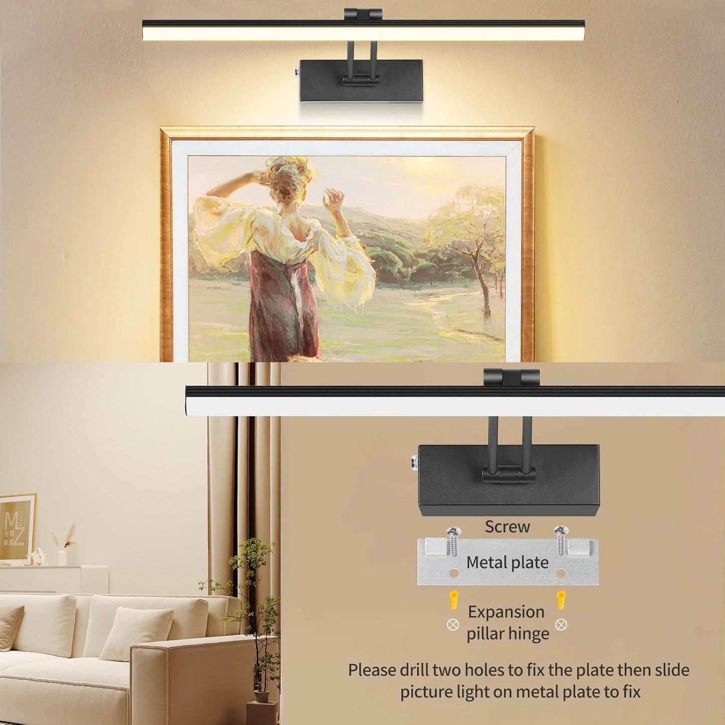 5200Mah Picture Light, Battery Operated Picture Lights for Wall, 16" Remote LED Art Light with Timer for Paintings, Dimmable Metal Painting Light for Display, Gallery (Gold)