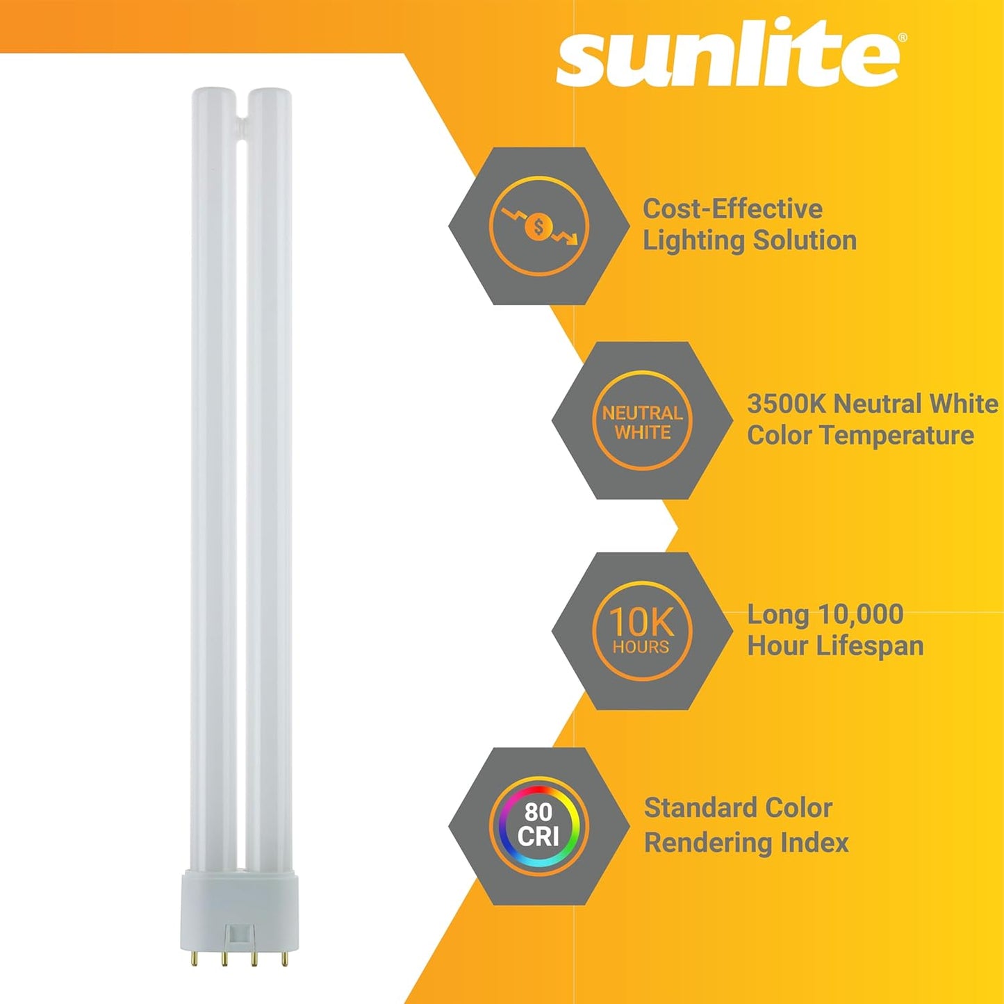 Sunlite FT24DL/835 Plug-In Twin Tube Compact Fluorescent Lamp, FT 4-Pin, 24 Watts, 1800 Lumens, 3500K Neutral White, 4-Pin (2G11) Base, 120 Volts, 1 Pack