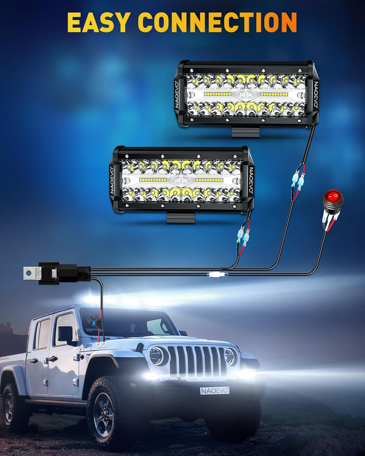 NAOEVO 7 Inch LED Light Bar, 240W 24,000LM Offroad Fog/Driving Lights LED Pods with 2 Leads Wiring Harness Kit, Spot Flood Combo Beam, LED Work Lights for Truck Boat UTV ATV, 2-Pack (White)