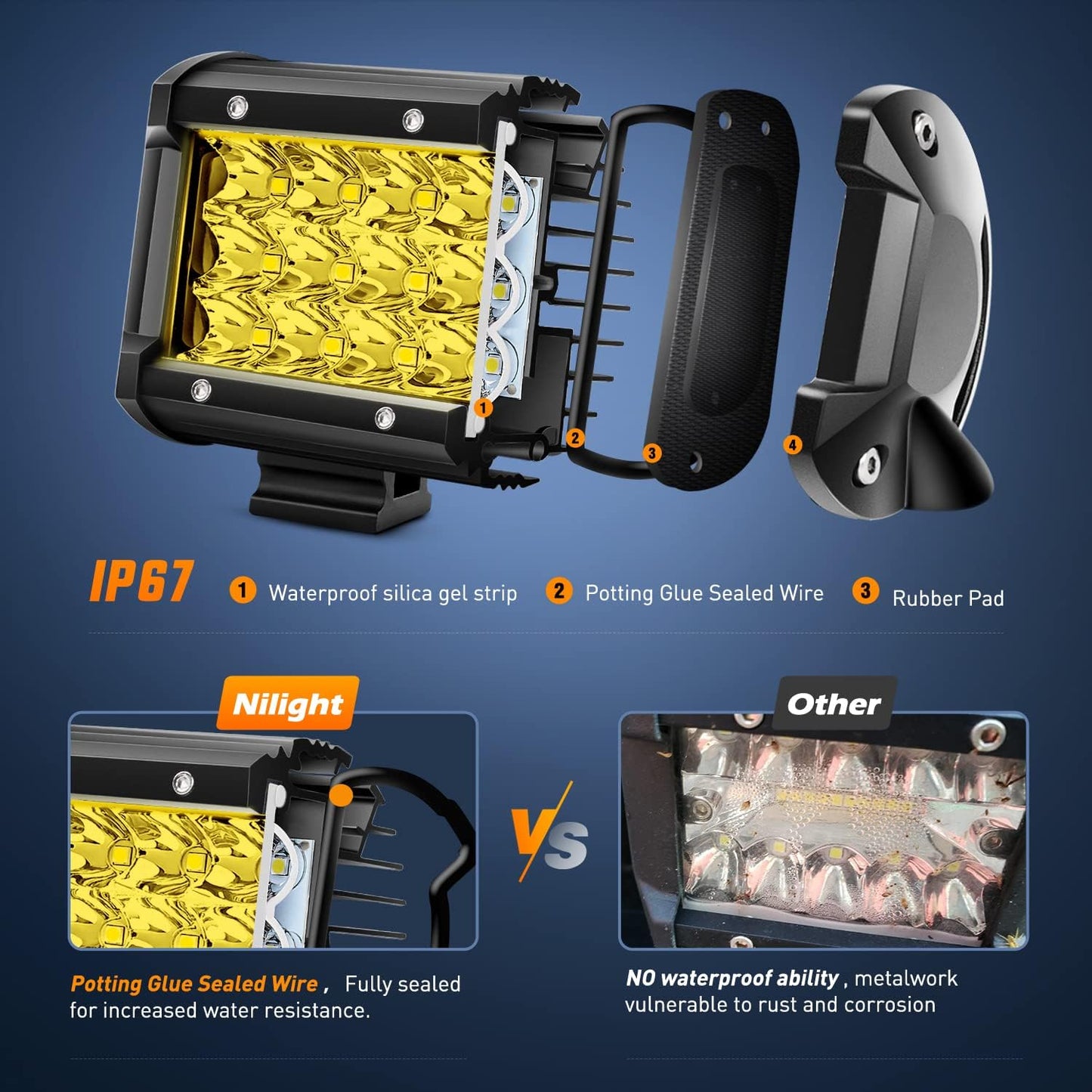 Nilight LED Light Bar 2Pcs 4 Inch 36W Yellow Flood Spot Combo Triple Row Driving Lamp Roof Bumper off Road LED Work Lights Pods for Van Camper Wagon Car Pickup Golf Cart ATV UTV SUV Truck Boat 4X4