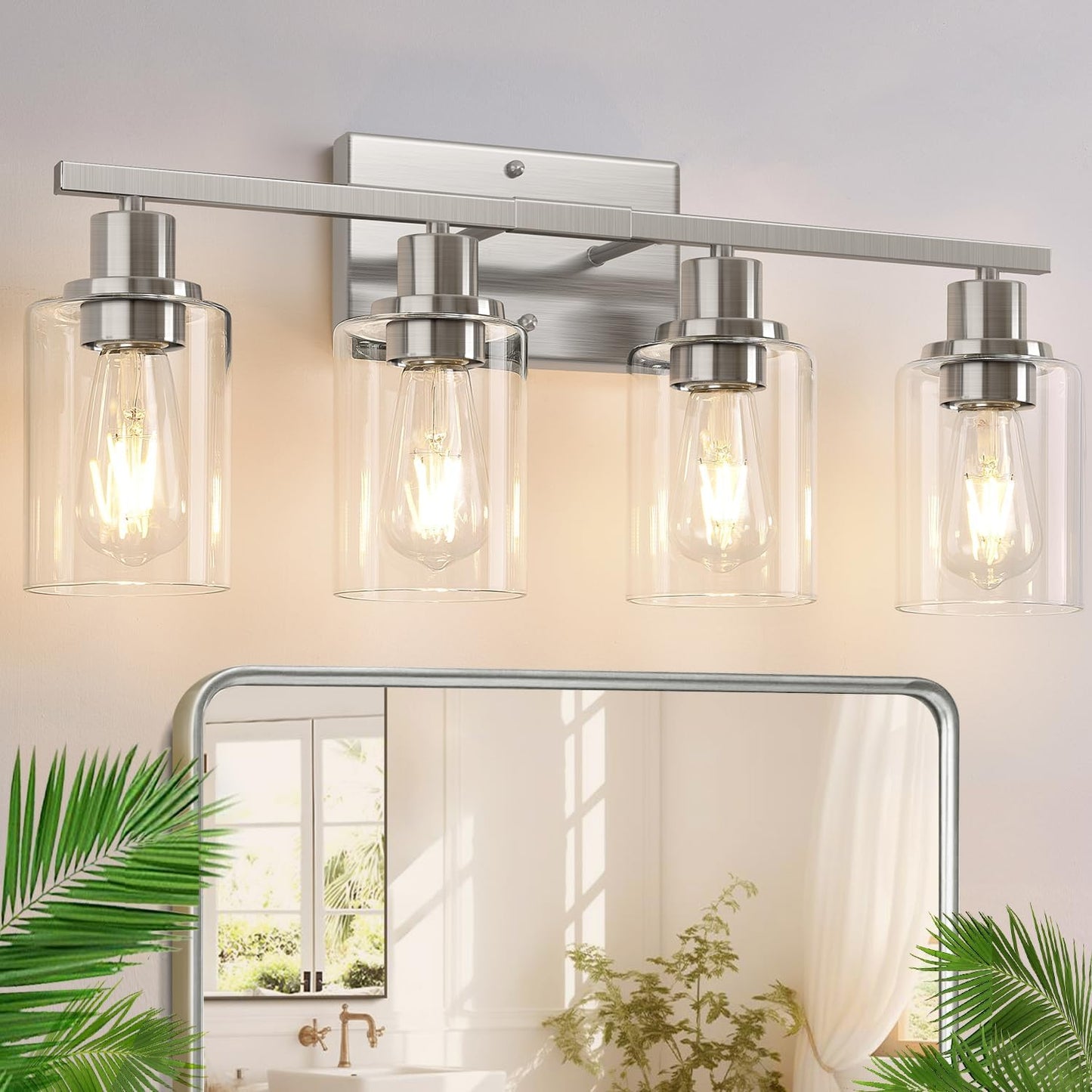 4-Light Bathroom Light Fixtures, Bathroom Vanity Lights with Clear Glass Shades, Gold Bathroom Light Fixtures over Mirror, Modern Bathroom Wall Lamp for Mirror Living Room Cabinet Bedroom Porch
