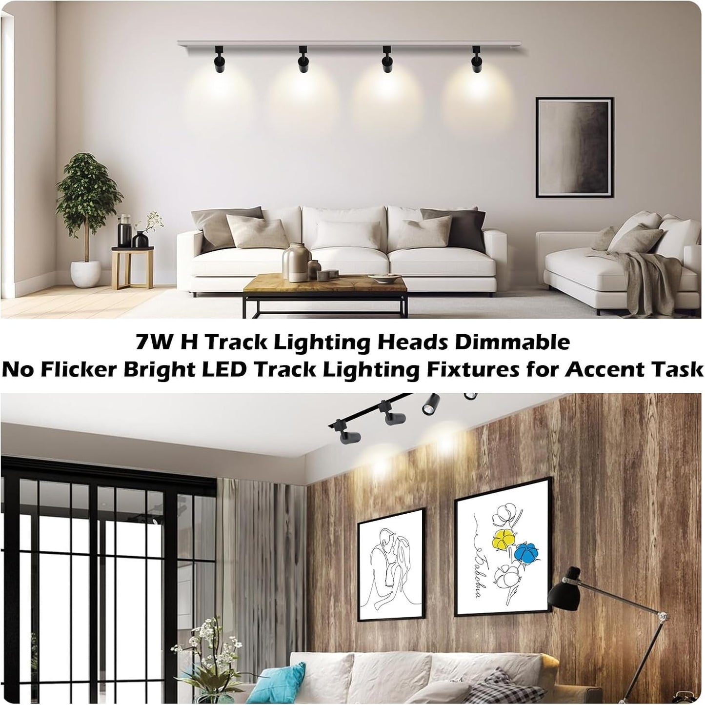 LED Track Lighting Heads 2 Pack 800Lm H Type 7W Dimmable Track Lights Replacement Fixtures Bright 3000K Warm White Ceiling Spotlight for Accent Art Task, Flicker Free CRI90+ 24° Black Track Lighting