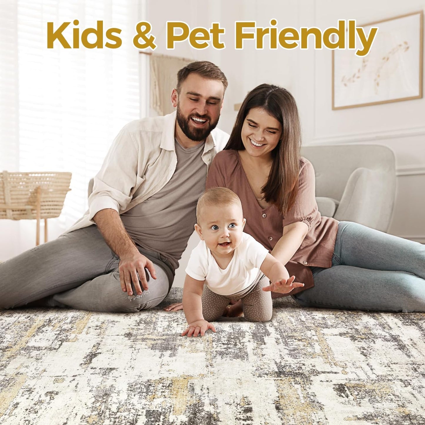 Area Rugs for Living Room: 9X12 Abstract Washable Rug Modern Neutral Large Soft Stain Resistant Non-Slip Backing Machine Table for Bedroom Dining Room Indoor Home Office Carpet - Gold Brown