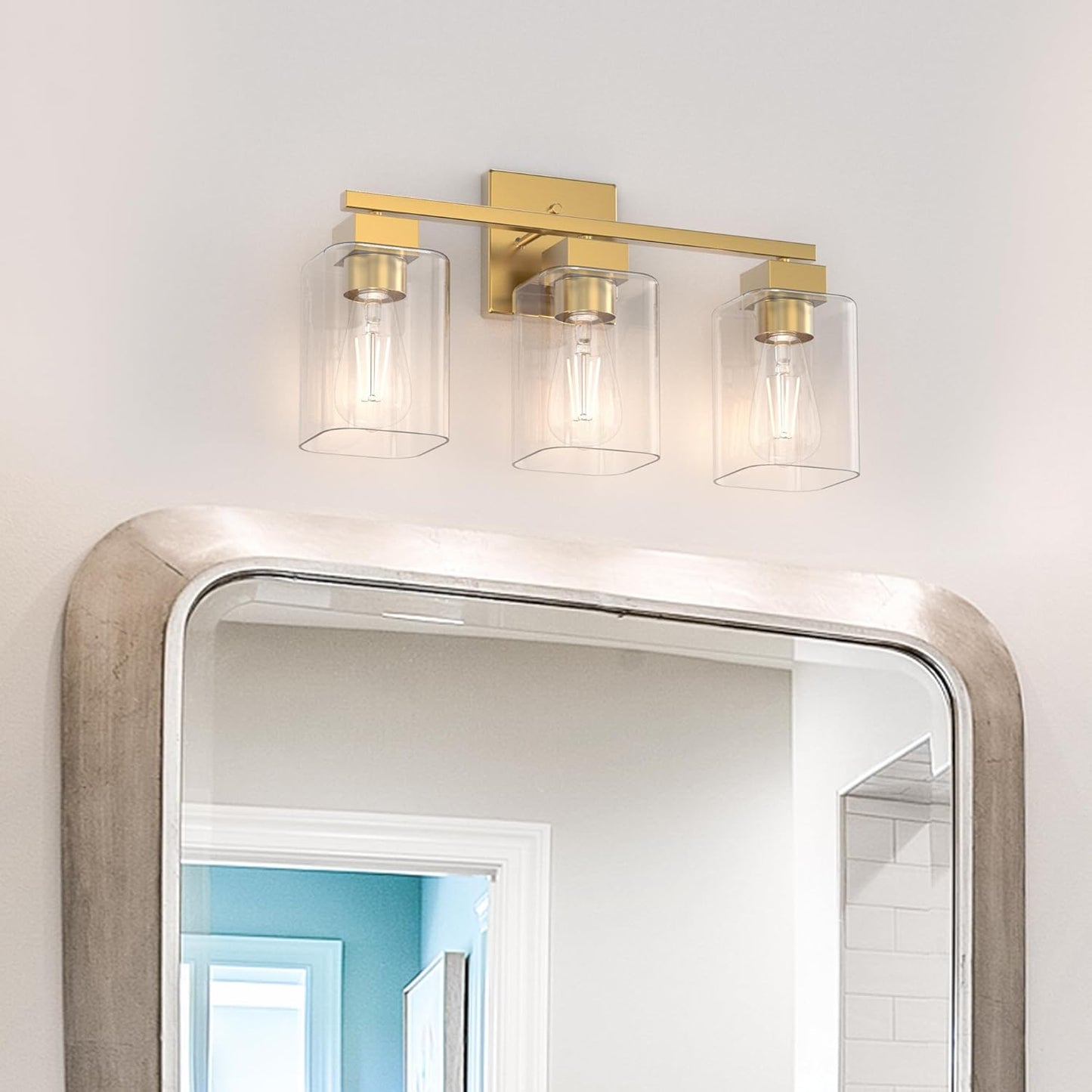 Espird 3 Light Brass Gold Vanity Light - Brushed Gold Bathroom Light Fixtures Square Design & UL Certification, Square Vintage Bathroom Light Fixtures over Mirror for Bathroom & Restroom & Bedroom