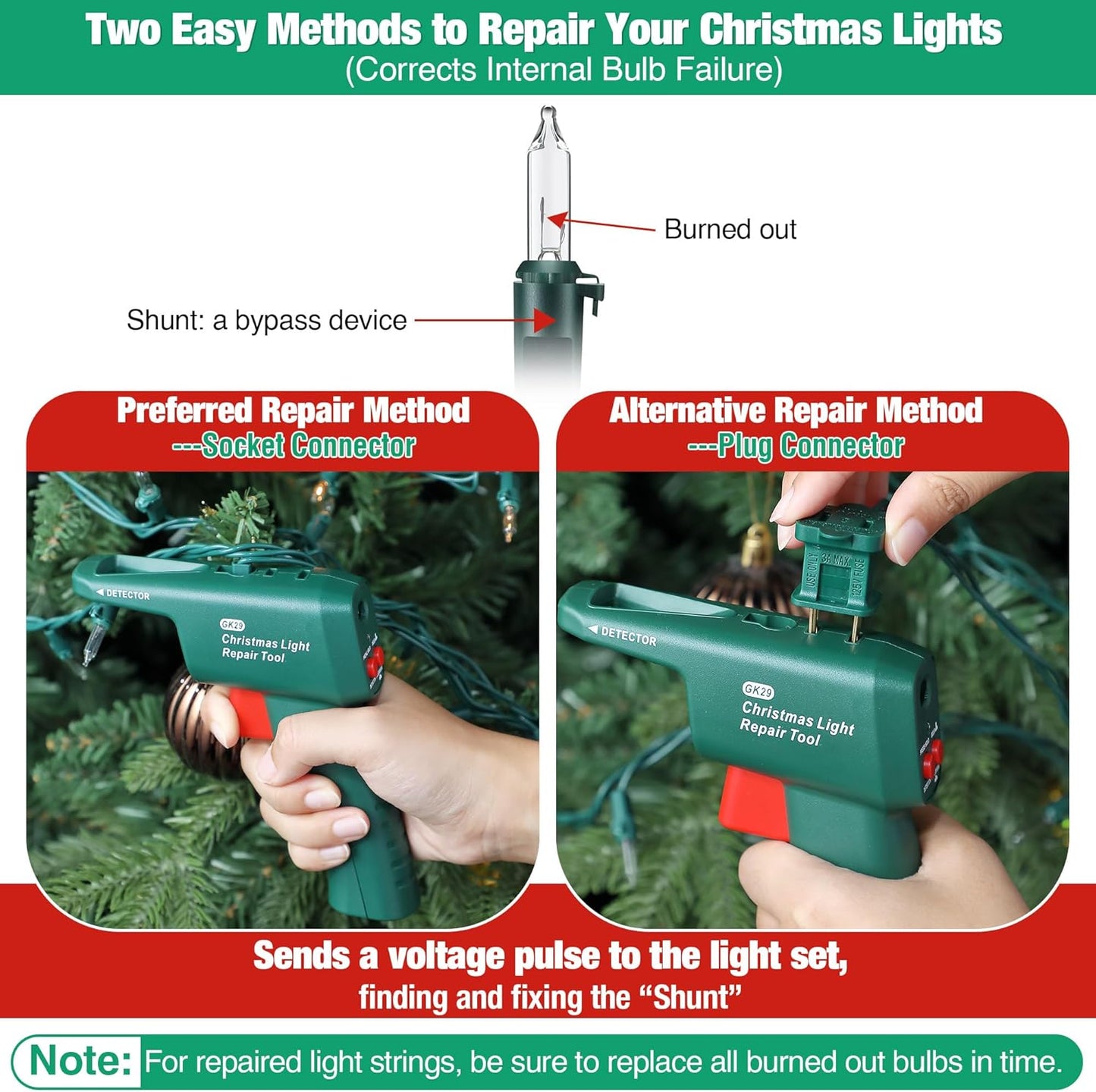 6 in 1 Incandescent Christmas Light Set Repair Tool, Christmas Light Tester for Fixing Christmas String Lights, Christmas Tree Bulb Tester Fuse Checker with 30 Replacement Bulbs (Clear)