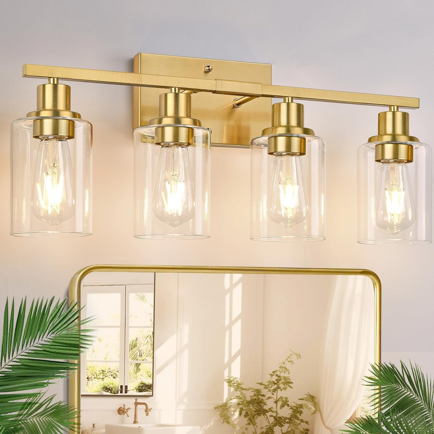 4-Light Bathroom Light Fixtures, Bathroom Vanity Lights with Clear Glass Shades, Gold Bathroom Light Fixtures over Mirror, Modern Bathroom Wall Lamp for Mirror Living Room Cabinet Bedroom Porch