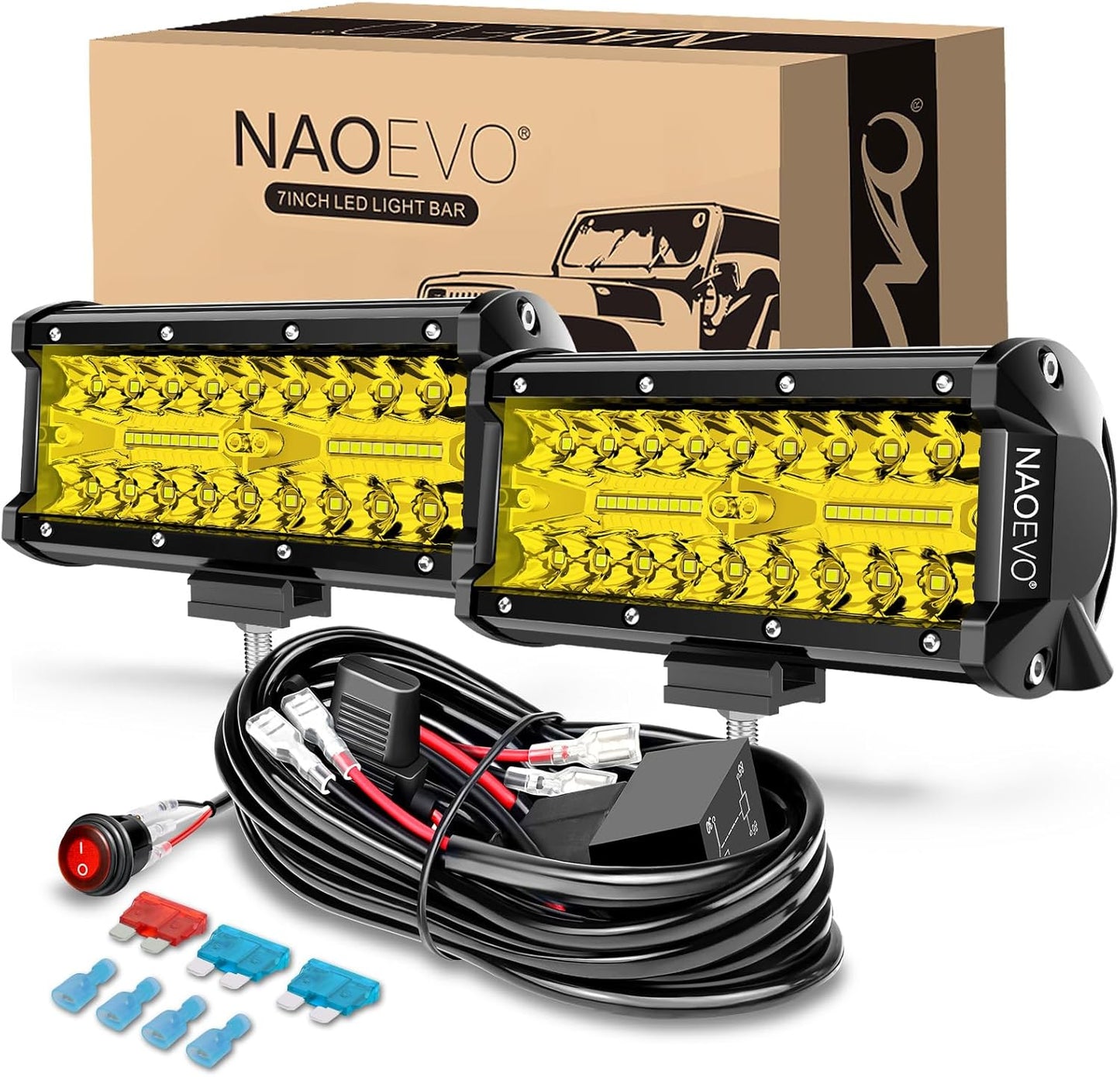 NAOEVO 7 Inch LED Light Bar, 240W 24,000LM Offroad Fog/Driving Lights LED Pods with 2 Leads Wiring Harness Kit, Spot Flood Combo Beam, LED Work Lights for Truck Boat UTV ATV, 2-Pack (White)