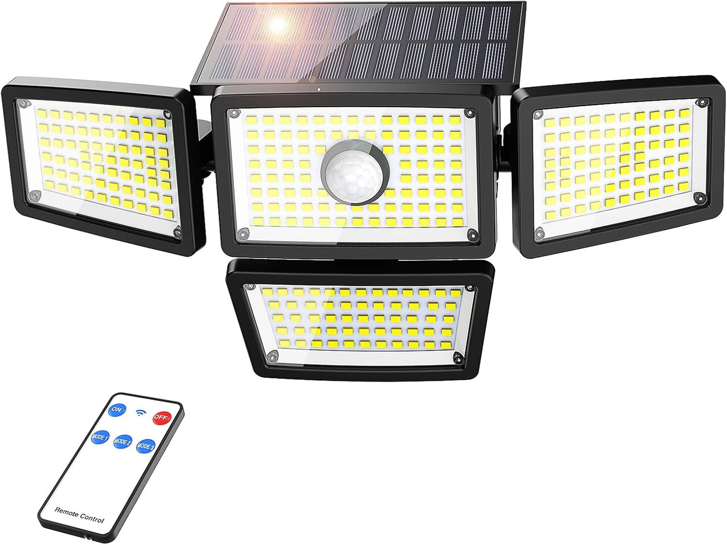 3000LM Solar Lights Outdoor, 4 Adjustable Heads Solar Motion Sensor Lights with 283 LED, IP65 Waterproof Solar Security Wall Lights, Remote Control Flood Lights for Graden, Outside, Backyard 2 Pack