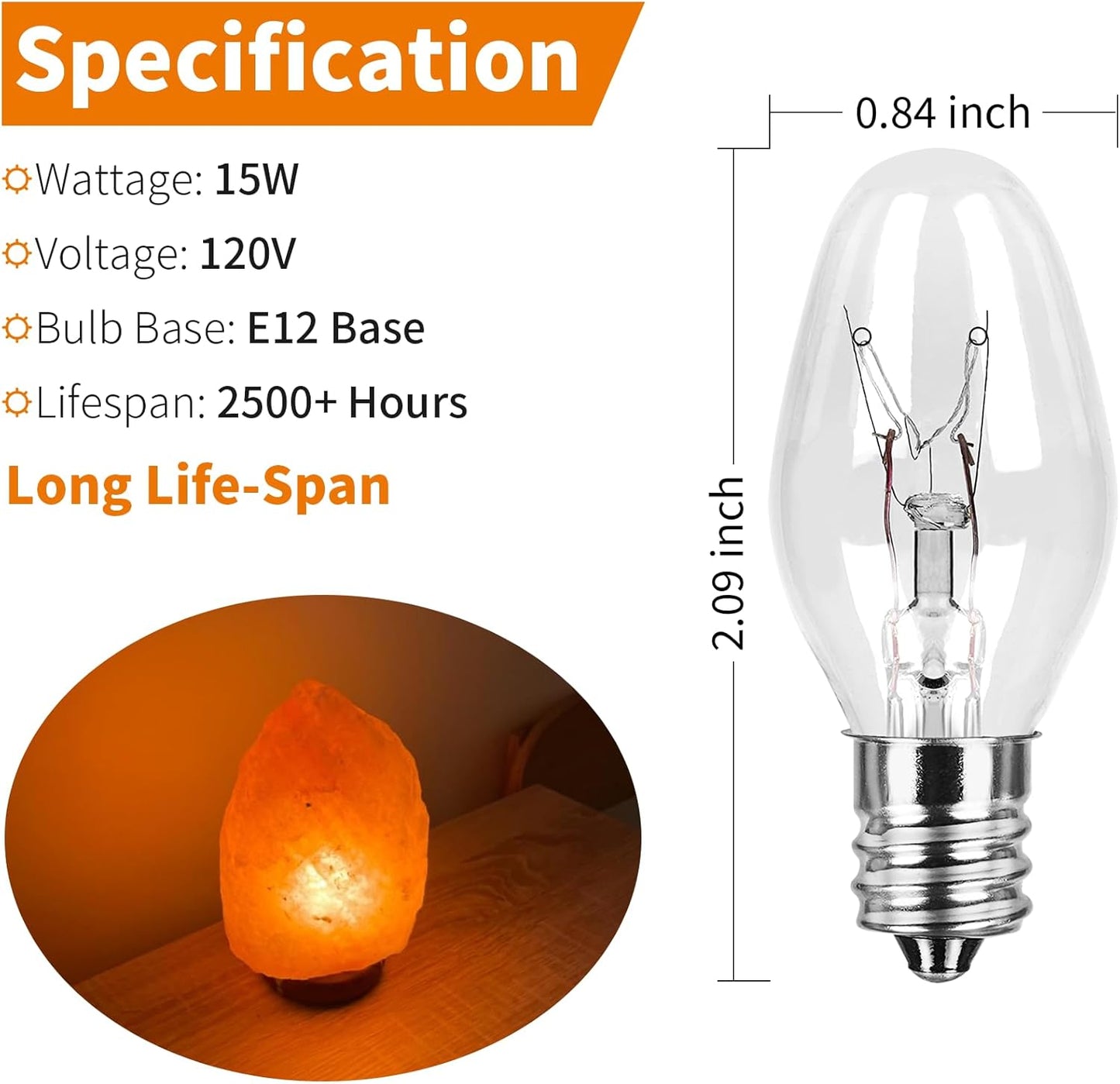 15-Pack Salt Lamp Bulbs, 15 Watt Light Bulb for Himalayan Salt Lamp Baskets, 120V C7 Small Night Light Bulbs, 2200K Warm White, Dimmable