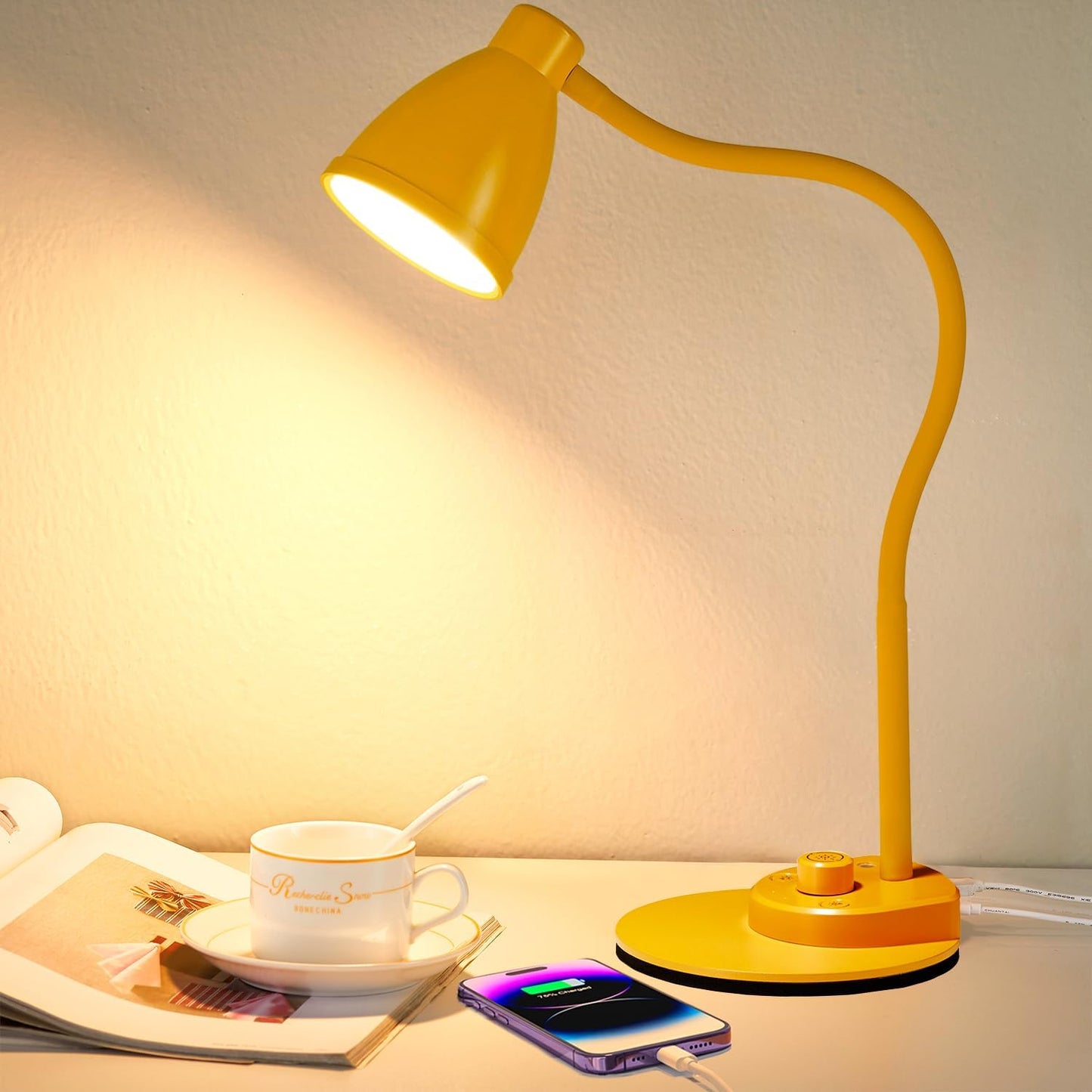 BOHON LED Desk Lamp with USB Charging Port, 3 Color Modes Fully Dimmable Reading Lamp, Auto Dimming Task Lamp, Flexible Gooseneck Table Light for Office Dorm Bedside, Adapter Include, Lilac Purple