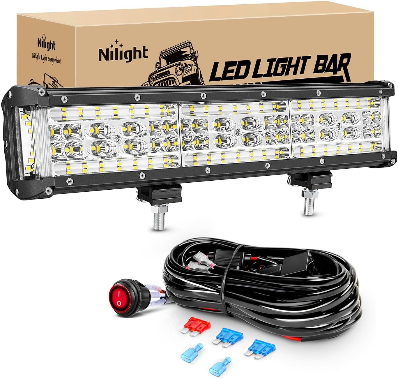 Nilight Led Light Bar 12 Inch 72W Spot Flood Combo off Road Fog Lights Driving LED Pods with off Road 16AWG Wiring Harness Kit - 1 Lead for Truck ATV UTV SUV Boat, 2 Years Warranty