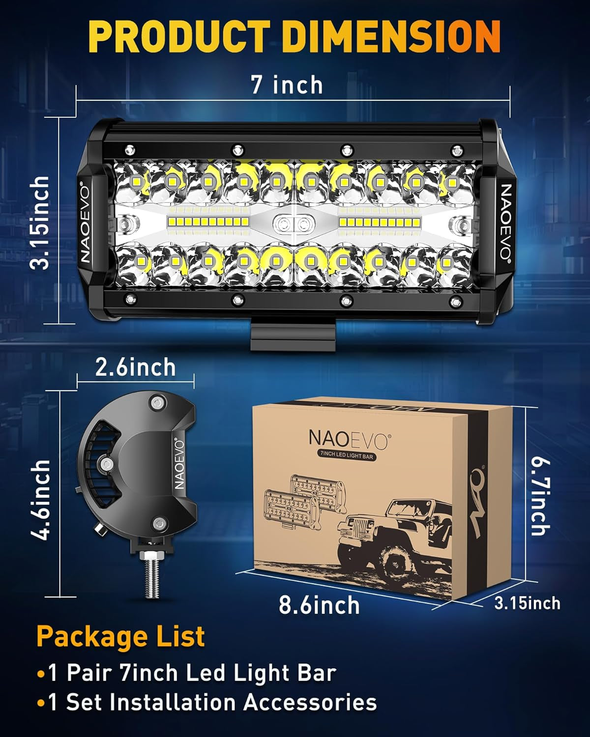 NAOEVO 7 Inch LED Light Bar, LED off Road/Fog/Driving Lights LED Pods with Spot Flood Combo, LED Work Lights for Truck Boat UTV ATV, 2-Pack (White)