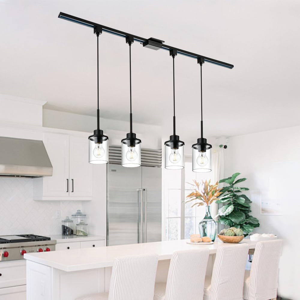 4-Lights H-Type Track Lighting Kitchen Pendant Light Dimmable Black Track Pendant Lighting Fixtures with Clear Glass Shades, Overall Height Approximately 45.8 Inches