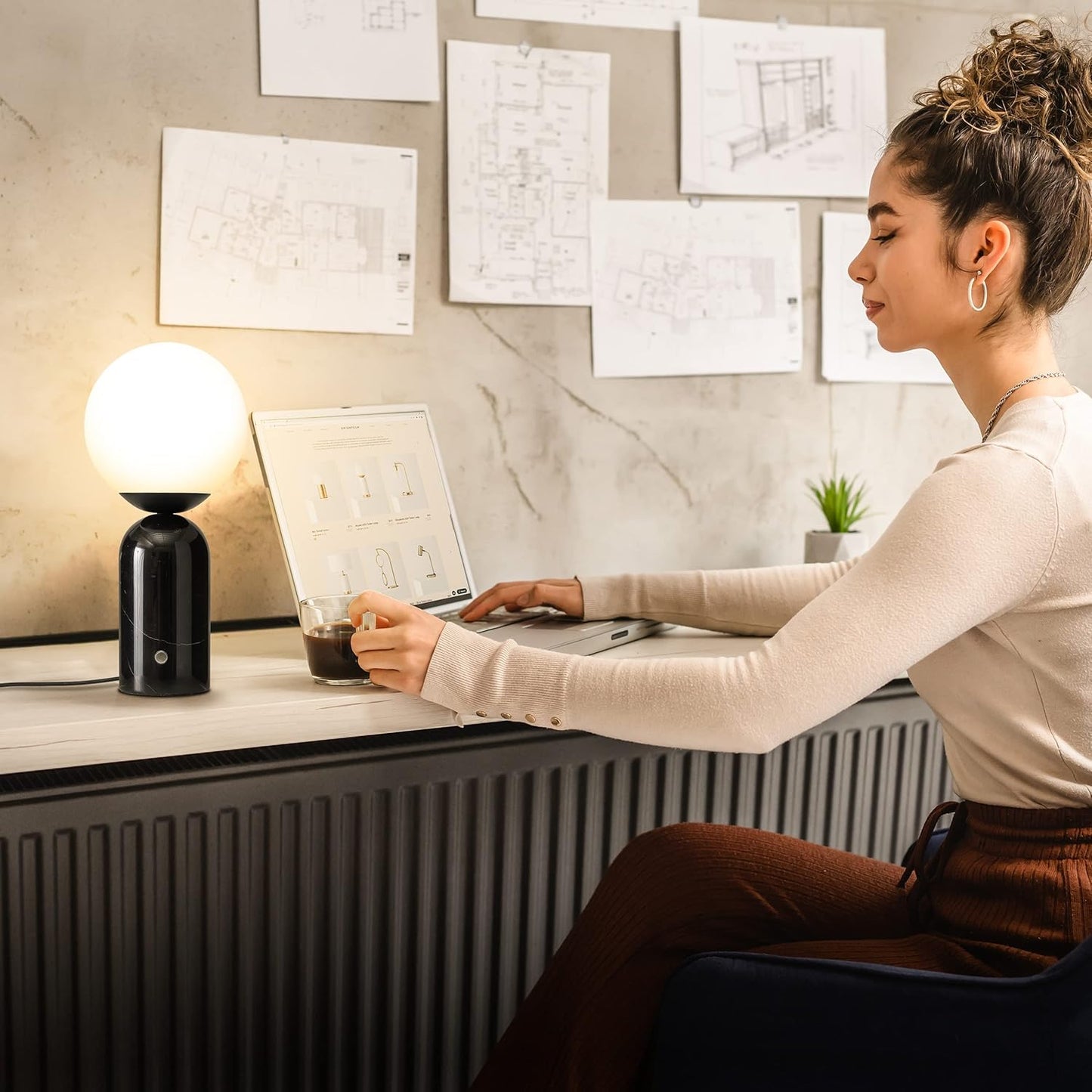 Brightech Mila Tall LED Table Lamp - Bedside Reading Light with Elegant Marble Base, Globe Lamp Shade - Modern Desk and Nightstand Lamp with Ambient Lighting for Bedroom, Living Room, Office - Black