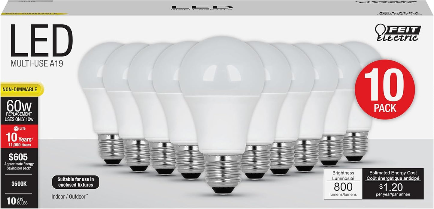 Feit Electric A19 LED Light Bulbs, 60W Equivalent, Non-Dimmable, 800 Lumens, E26 Standard Base, 2700K Soft White, 80 CRI, 10 Year Lifetime, Energy Efficient, 4 Pack, A800/827/10KLED/4