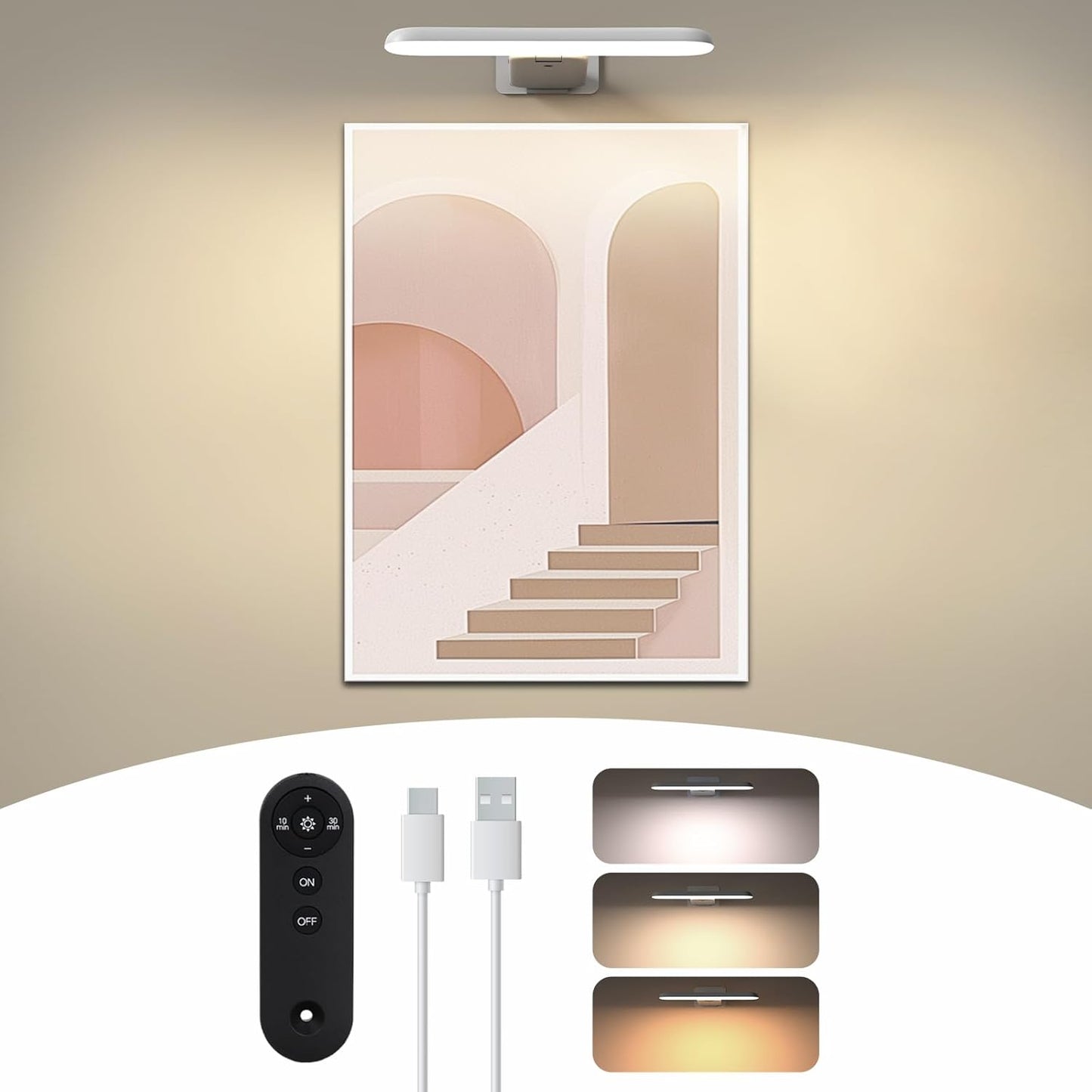 Picture Lights Battery Operated with Remote, Rechargeable Picture Lights for Wall, 3Cct&Brightness Dimmable,300 LM, Sticker/Screw Installation, Art Light for Gallery, Artwork-Black