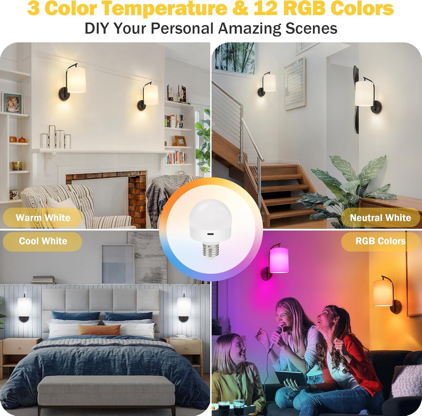 Battery Operated Wall Sconce Set of 2, Black Rechargeable Dimmable Wall Light Fixture with Remote, 12 RGB Colors & Timer, Indoor Wireless Wall Lamp with White Shade