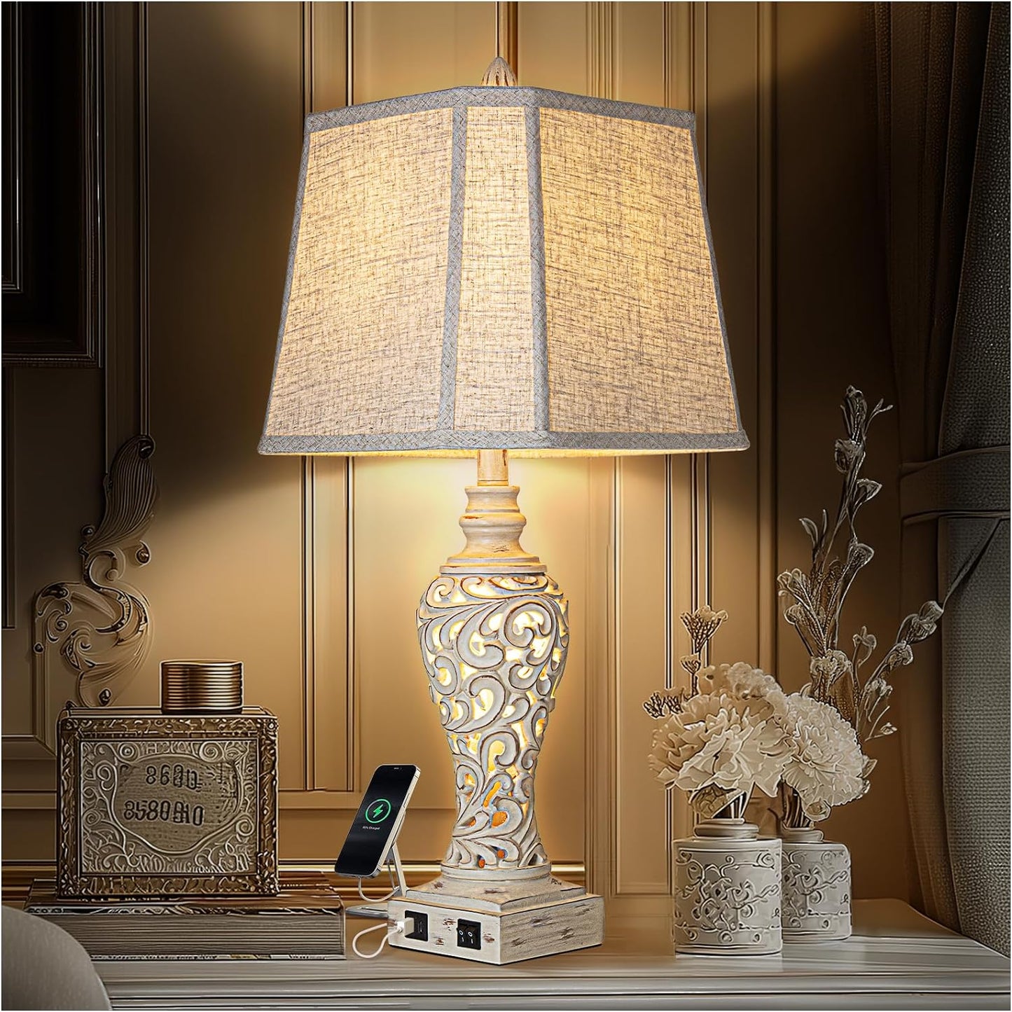 27'' High Vintage Table Lamp Set of 2 for Living Room Farmhouse Bedside Lamp with Fabric Shades Boho Nightstand Lamp with USB and Nightlight for Bedroom Home Office Hotel Bar (Bulb Included)