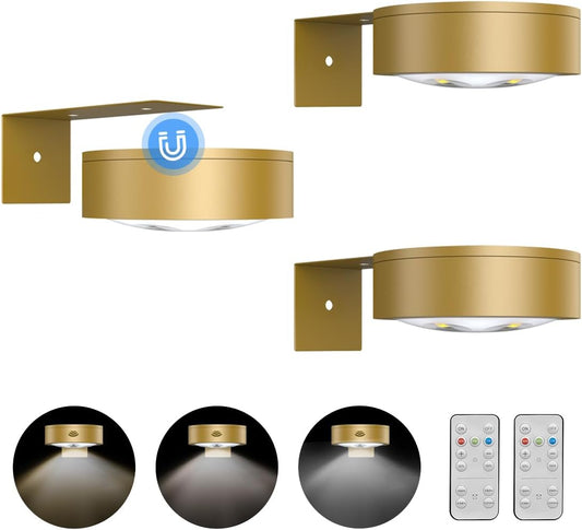 3Pack Picture Light Battery Operated Painting Lights for Wall Wireless Magnetic Display Art Light with Remote Controls,Dimmable&Timer Portrait Light for Art Frame Artworking,Wall Decor Puck Light-Gold