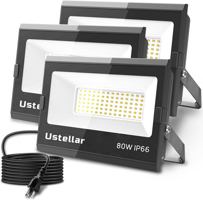 Ustellar 3 Pack 80W LED Flood Lights Outdoor Bright 800W Equiv. 24000LM Security Light outside Lamp IP66 Waterproof 5000K Daylight White Spot Light Exterior Floodlight Lighting for Yard Backyard House
