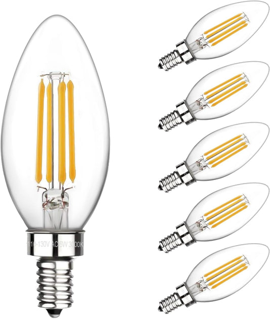 E12 Candelabra Bulbs 60 Watt Dimmable, LED Chandelier Light Bulbs Candle Bulb 6W 3000K Soft White, B11 LED Bulb Filament Decorative Small Base 500 Lumens Clear Glass, Pack of 6