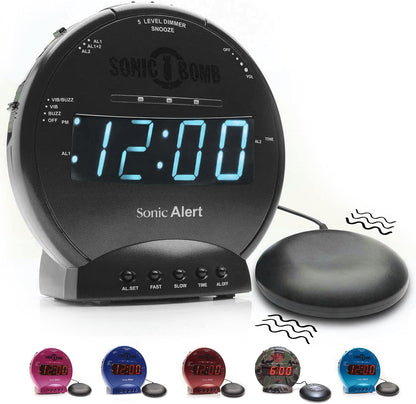Sonic Bomb Dual Extra Loud Alarm Clock with Bed Shaker, Black | Sonic Alert Vibrating, Heavy Sleepers, Battery Backup | Wake with a Shake