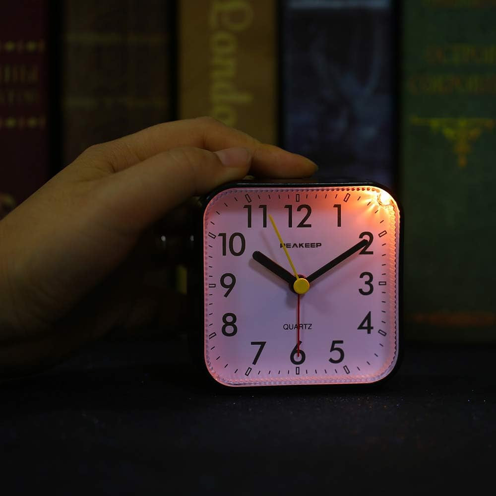 Peakeep Small Battery Operated Analog Travel Alarm Clock Silent No Ticking, Lighted on Demand and Snooze, Beep Sounds, Gentle Wake, Ascending Alarm, Easy Set (Black)