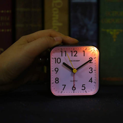 Peakeep Small Battery Operated Analog Travel Alarm Clock Silent No Ticking, Lighted on Demand and Snooze, Beep Sounds, Gentle Wake, Ascending Alarm, Easy Set (Black)
