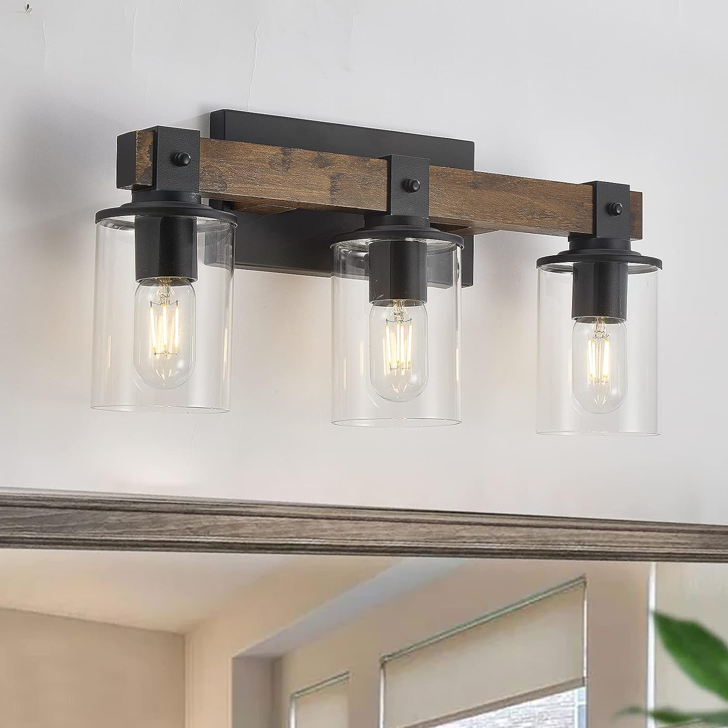 DUJAHMLAND Farmhouse Vanity Light Fixture,3-Light Bathroom Wood Wall Light over Mirror with Clear Glass Shade, Rustic Vintage Wall Sconce Lighting.(Antique Wood, 3-Light)
