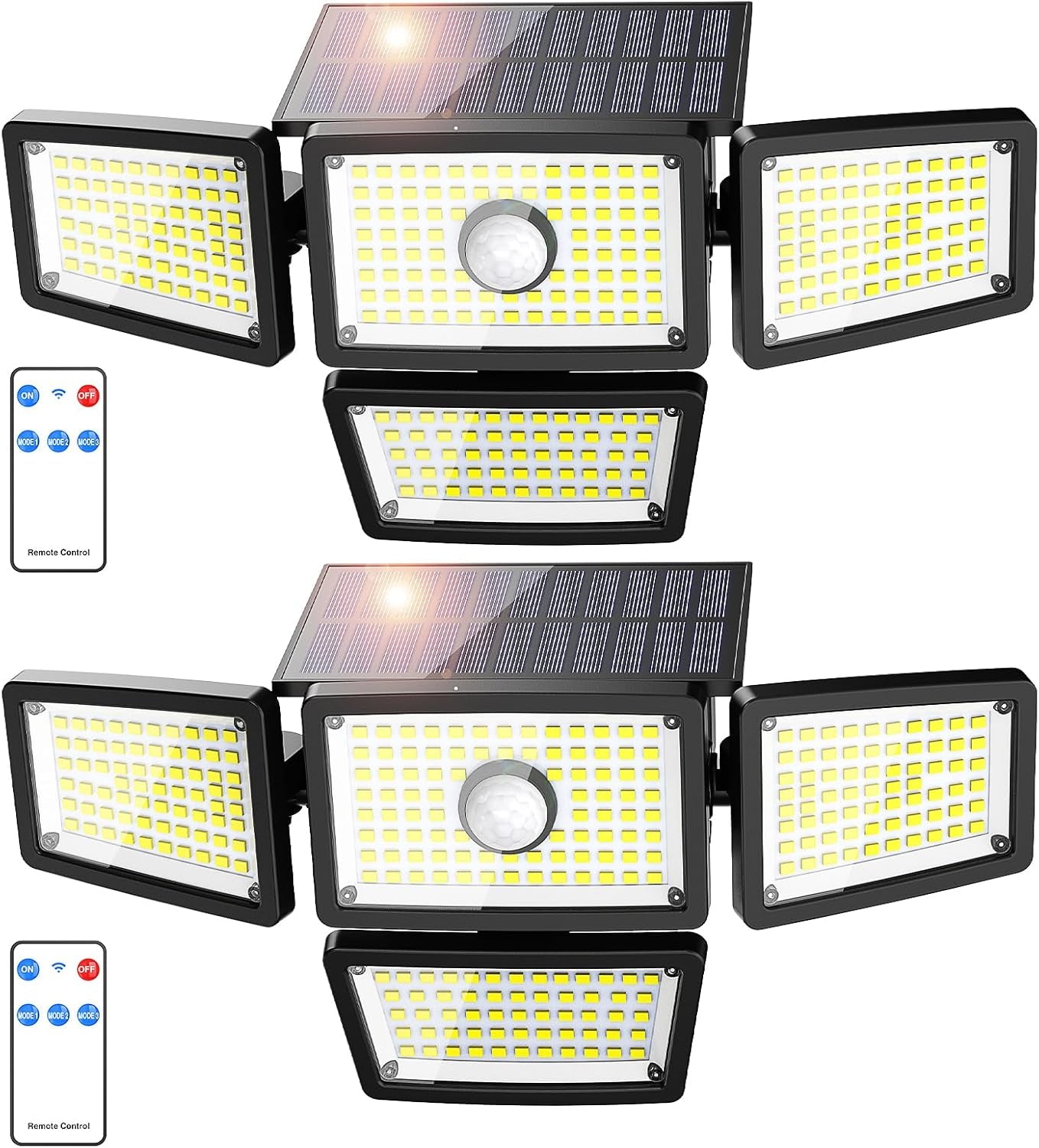 3000LM Solar Lights Outdoor, 4 Adjustable Heads Solar Motion Sensor Lights with 283 LED, IP65 Waterproof Solar Security Wall Lights, Remote Control Flood Lights for Graden, Outside, Backyard 2 Pack