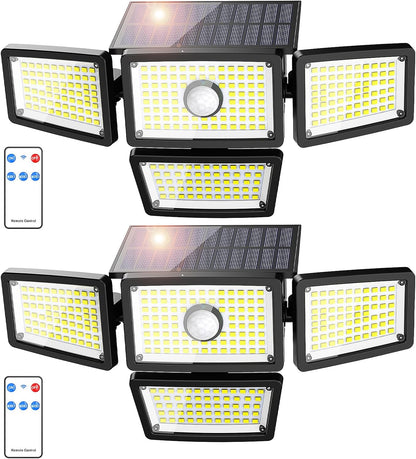 3000LM Solar Lights Outdoor, 4 Adjustable Heads Solar Motion Sensor Lights with 283 LED, IP65 Waterproof Solar Security Wall Lights, Remote Control Flood Lights for Graden, Outside, Backyard 2 Pack