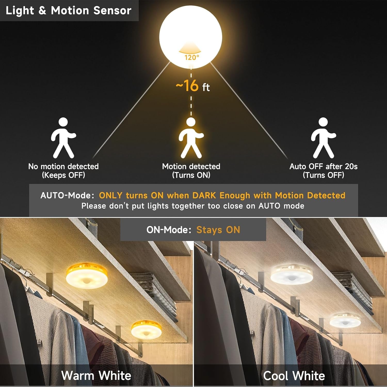 Improved LED Rechargeable Motion Sensor Light Indoor, Long-Lasting Battery, Closet Lights Motion Sensored, Motion Sensor Night Light, Puck Lights for Closet, Cabinet, Kitchen - Cool 2Pack