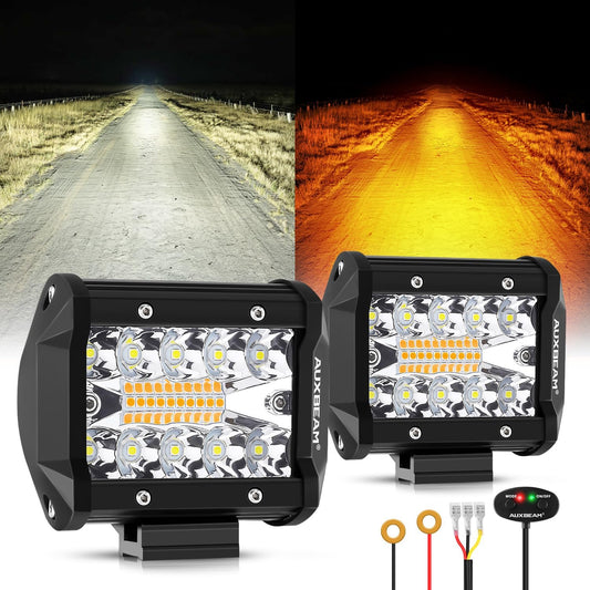 Auxbeam White Amber Strobe Lights 4Inch 120W LED Pods Light Bar 6 Modes Dual Color off Road Fog Lights Spot Flood Combo Flashing Offroad Auxiliary Lights for Trucks Car Jeep ATV UTV